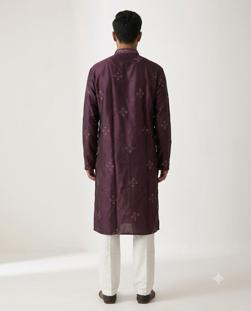 Rajwada Men’s Wear Premium Wine Embroidered Silk Kurta