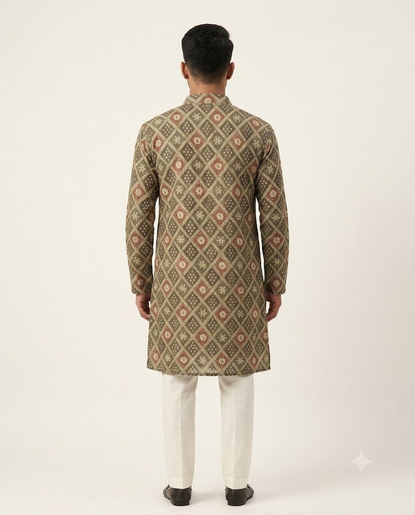 Rajwada Men’s Wear Premium Olive Green Lakhnavi Print Short Kurta