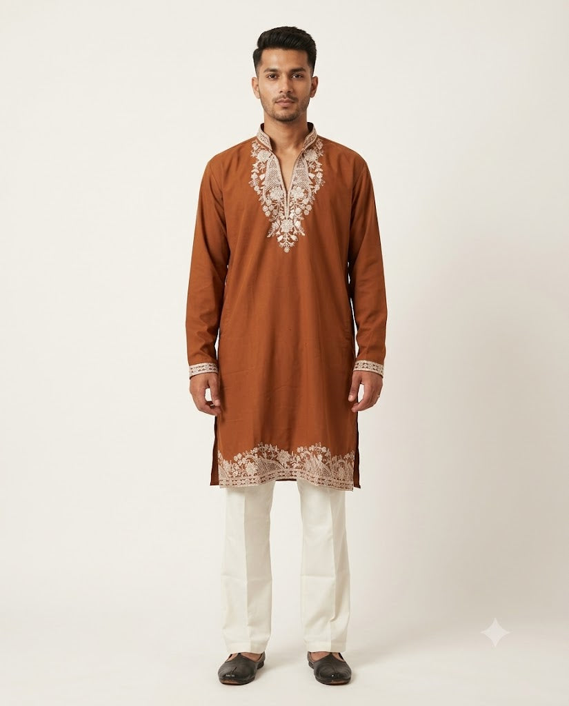 Rajwada Men’s Wear Premium Rust Brown Japanese V-Neck Embroidered Kurta