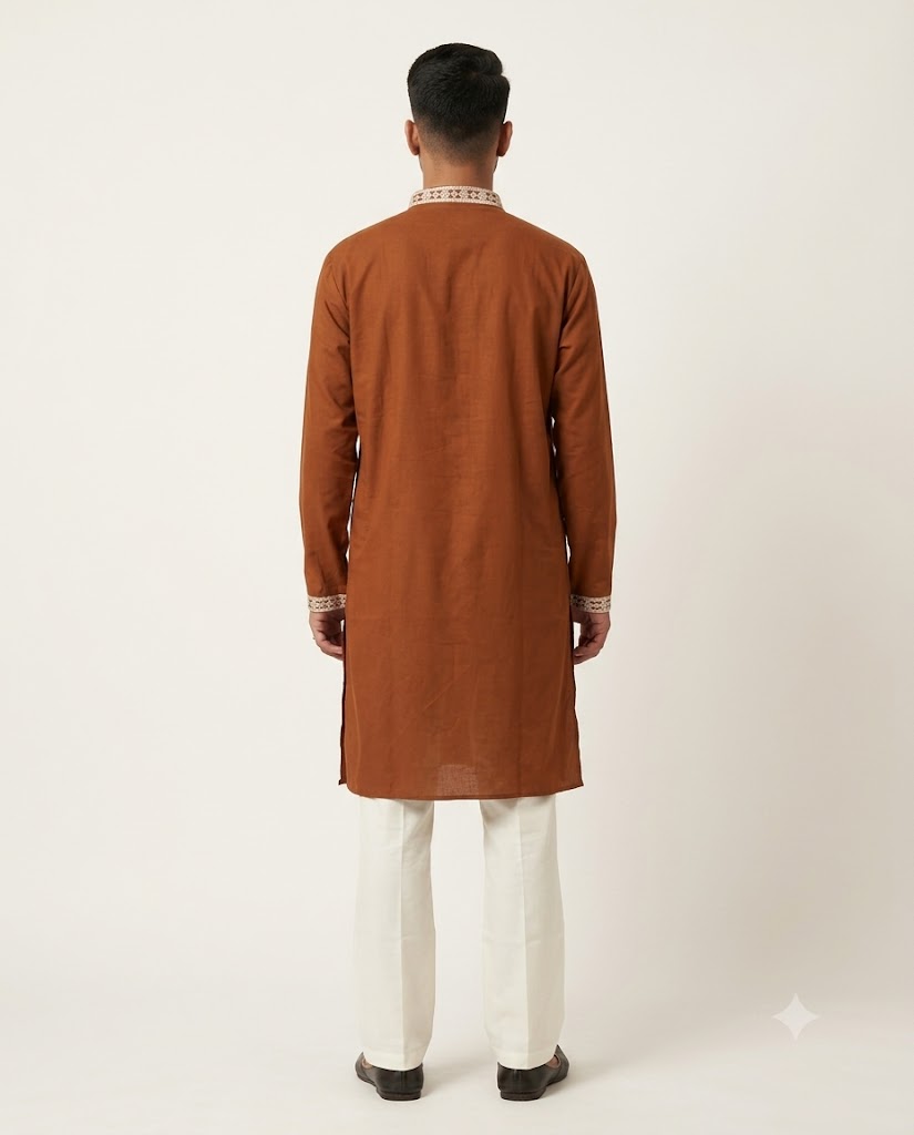Rajwada Men’s Wear Premium Rust Brown Japanese V-Neck Embroidered Kurta