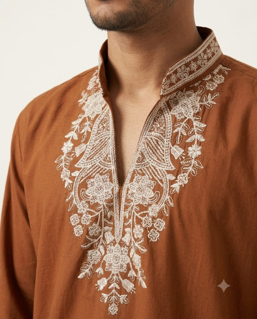 Rajwada Men’s Wear Premium Rust Brown Japanese V-Neck Embroidered Kurta