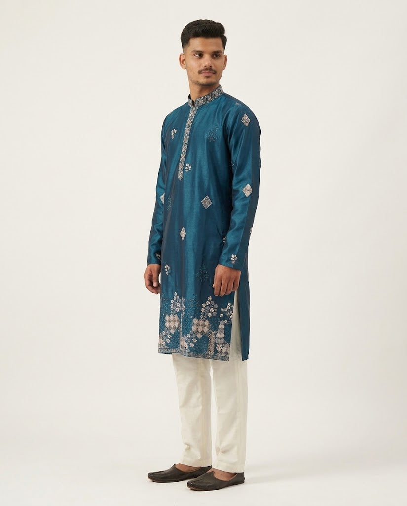 Rajwada Men’s Wear Premium Teal Blue Embroidered Silk Kurta