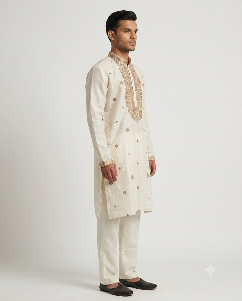 Rajwada Men’s Wear Premium Ivory White Khadi Embroidered Kurta