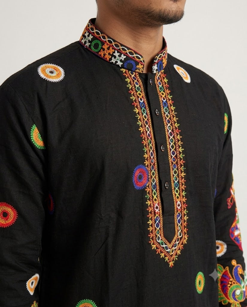 Rajwada Men’s Wear Premium Black Cotton Embroidered Navratri Kurta