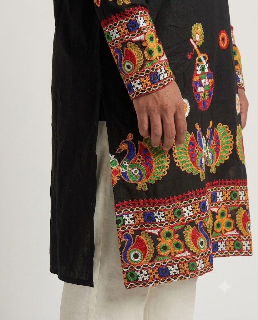 Rajwada Men’s Wear Premium Black Cotton Embroidered Navratri Kurta