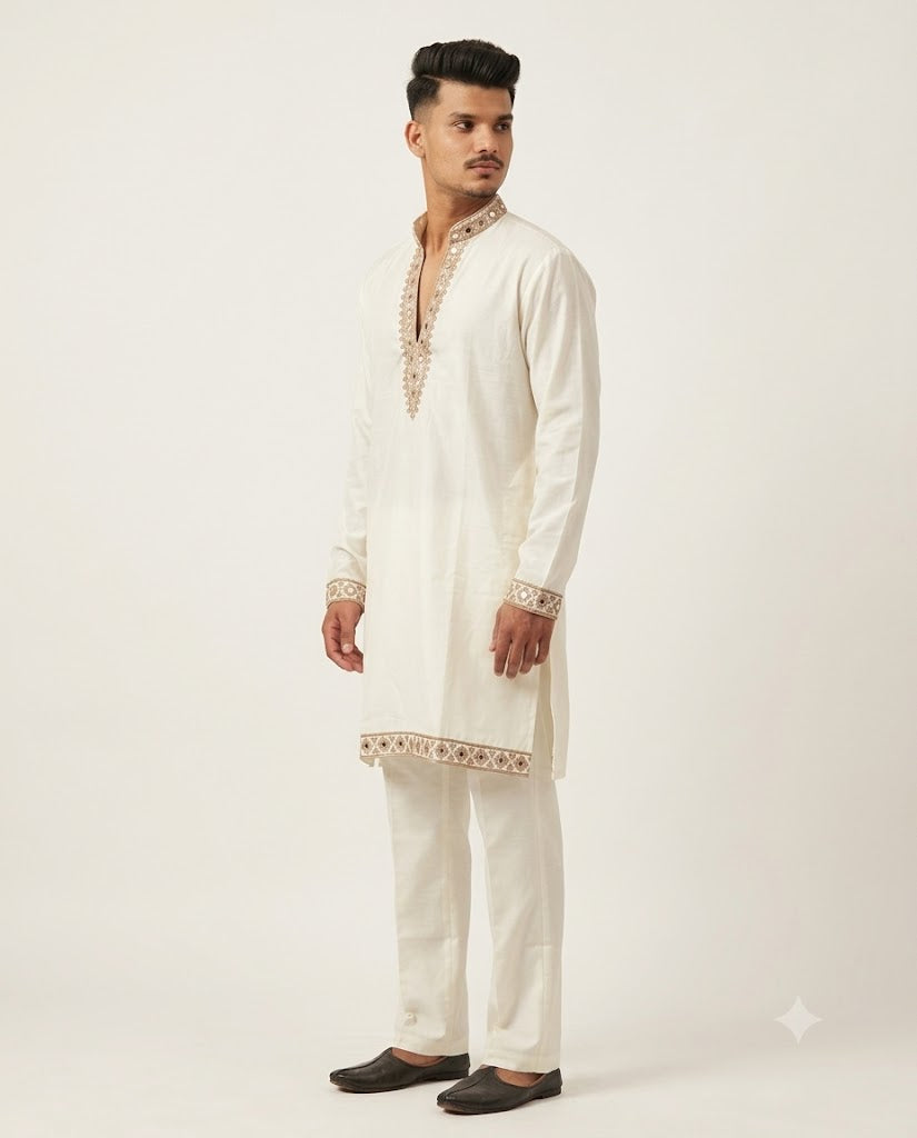 Rajwada Men’s Wear Premium Ivory White Embroidered Japanese V-Neck Kurta