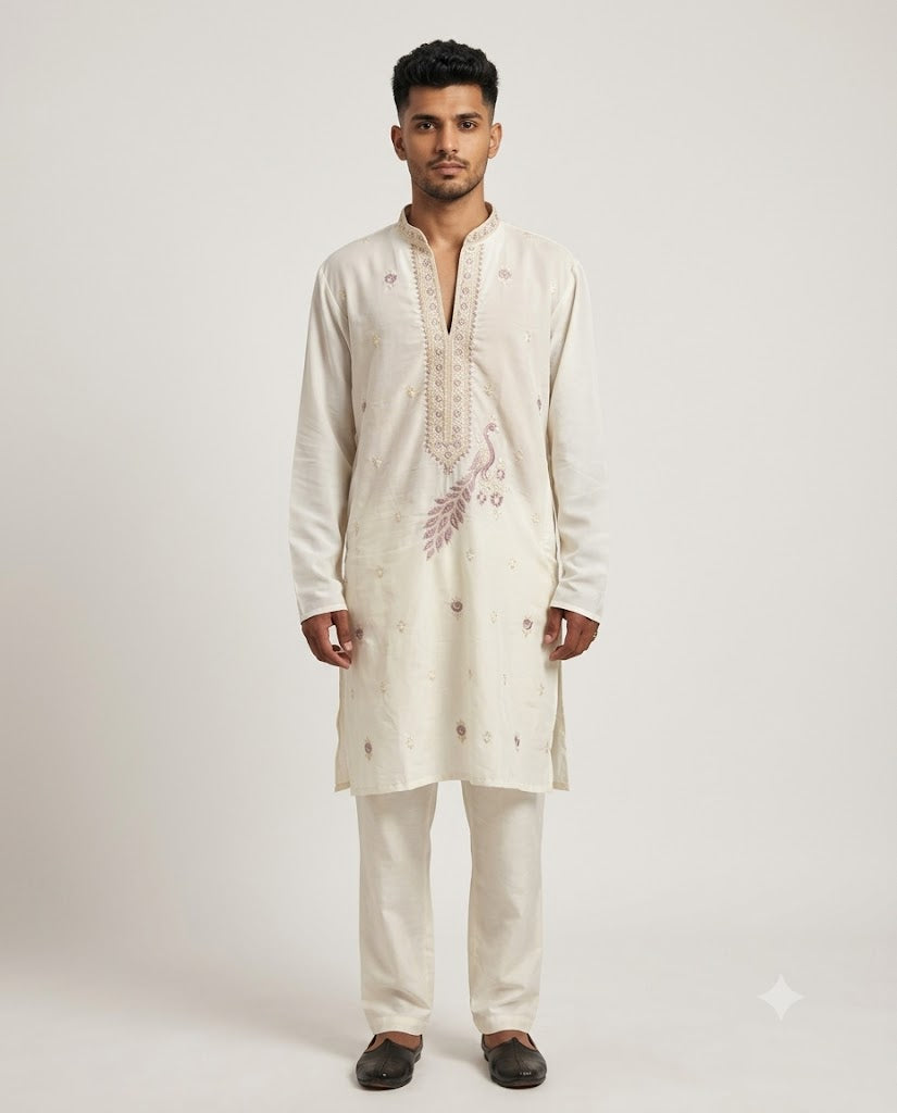 Rajwada Men’s Wear Premium Embroidered Silk V-Neck Kurta