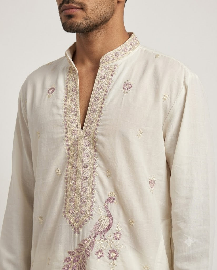Rajwada Men’s Wear Premium Embroidered Silk V-Neck Kurta