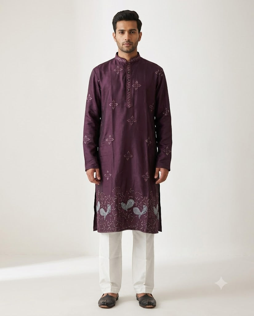 Rajwada Men’s Wear Premium Wine Embroidered Silk Kurta