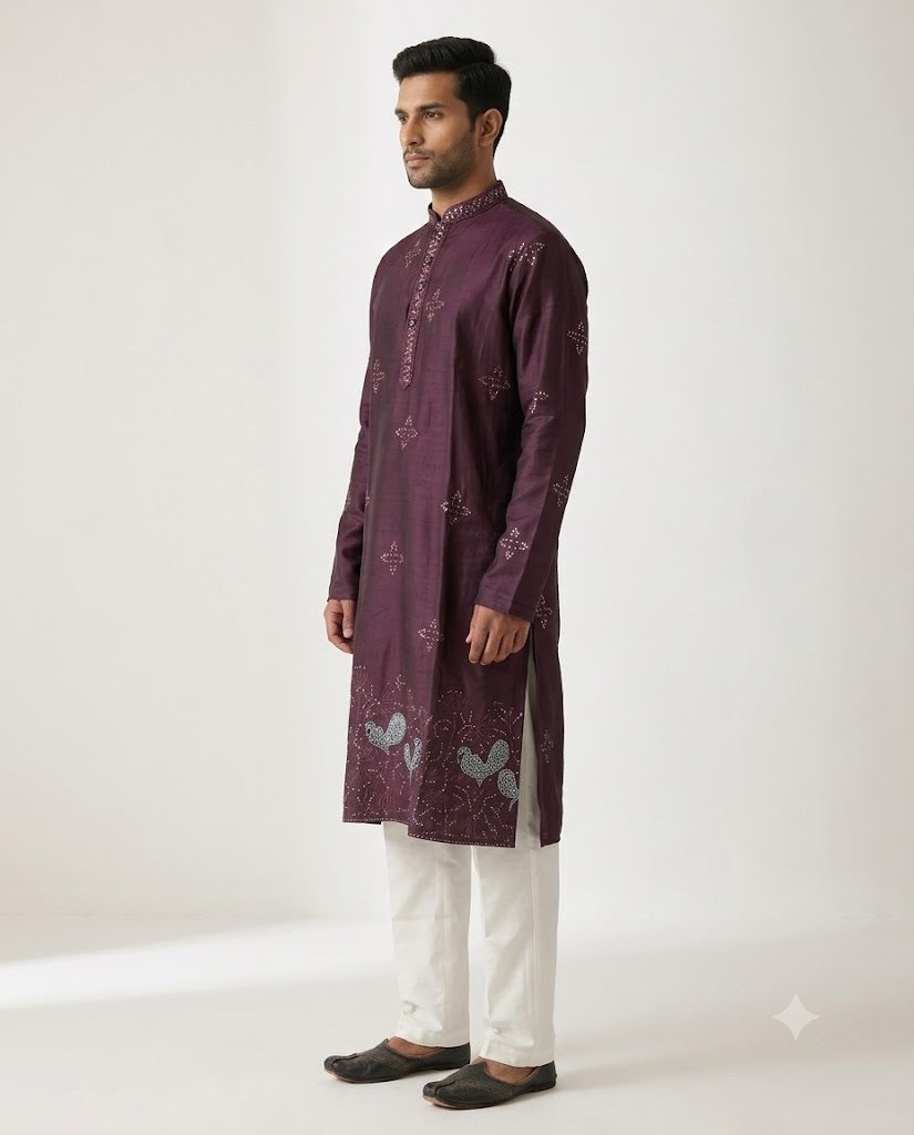 Rajwada Men’s Wear Premium Wine Embroidered Silk Kurta