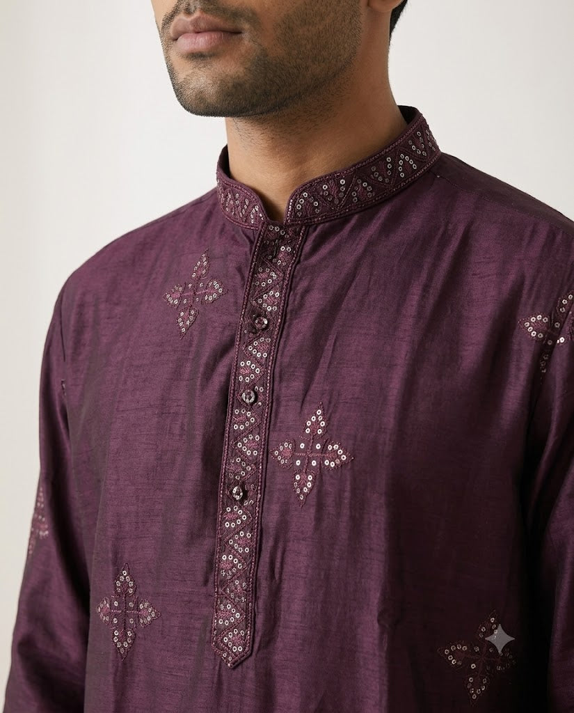 Rajwada Men’s Wear Premium Wine Embroidered Silk Kurta