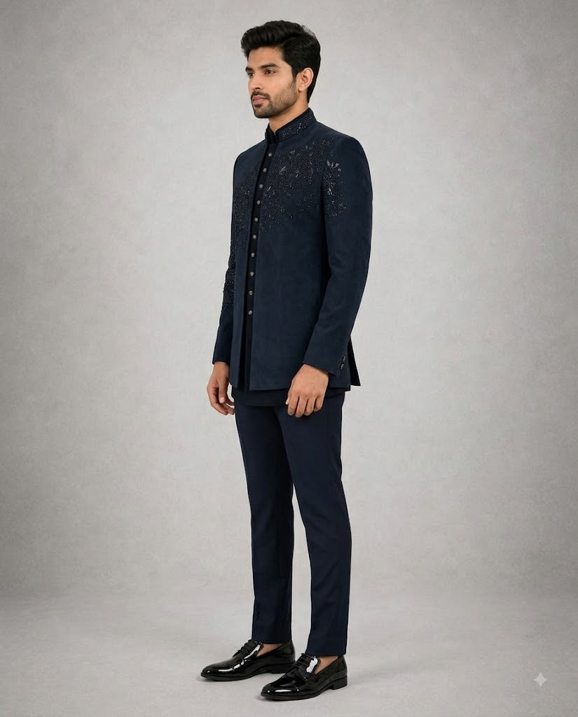Rajwada Men’s Wear Premium Navy Blue 3-Piece Jodhpuri Suit