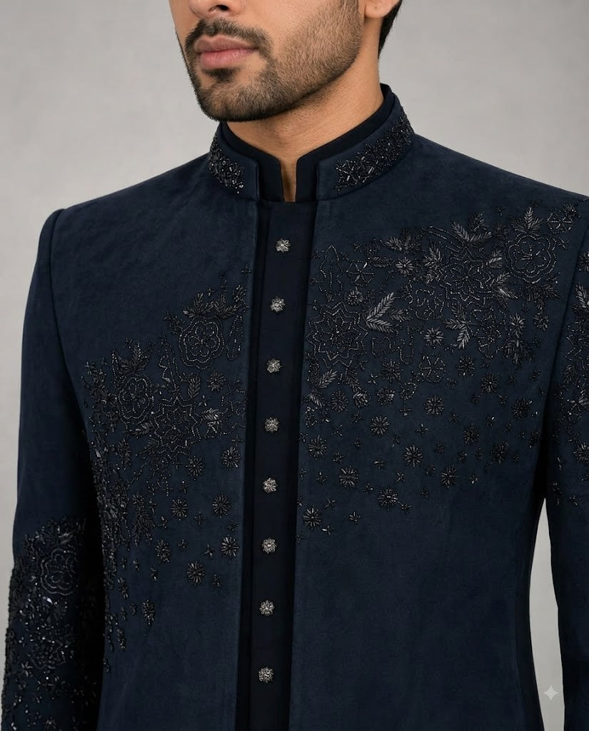 Rajwada Men’s Wear Premium Navy Blue 3-Piece Jodhpuri Suit