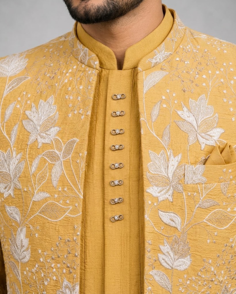 Rajwada Men's Wear Premium Mustard Gold 3-Piece Indo-Western Suit
