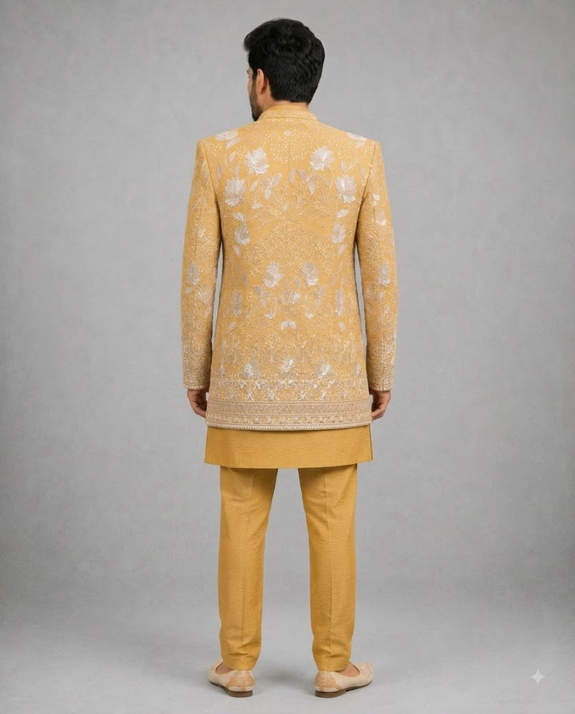 Rajwada Men's Wear Premium Mustard Gold 3-Piece Indo-Western Suit