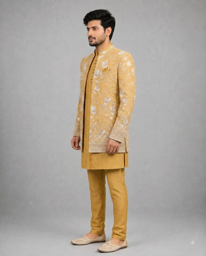 Rajwada Men's Wear Premium Mustard Gold 3-Piece Indo-Western Suit