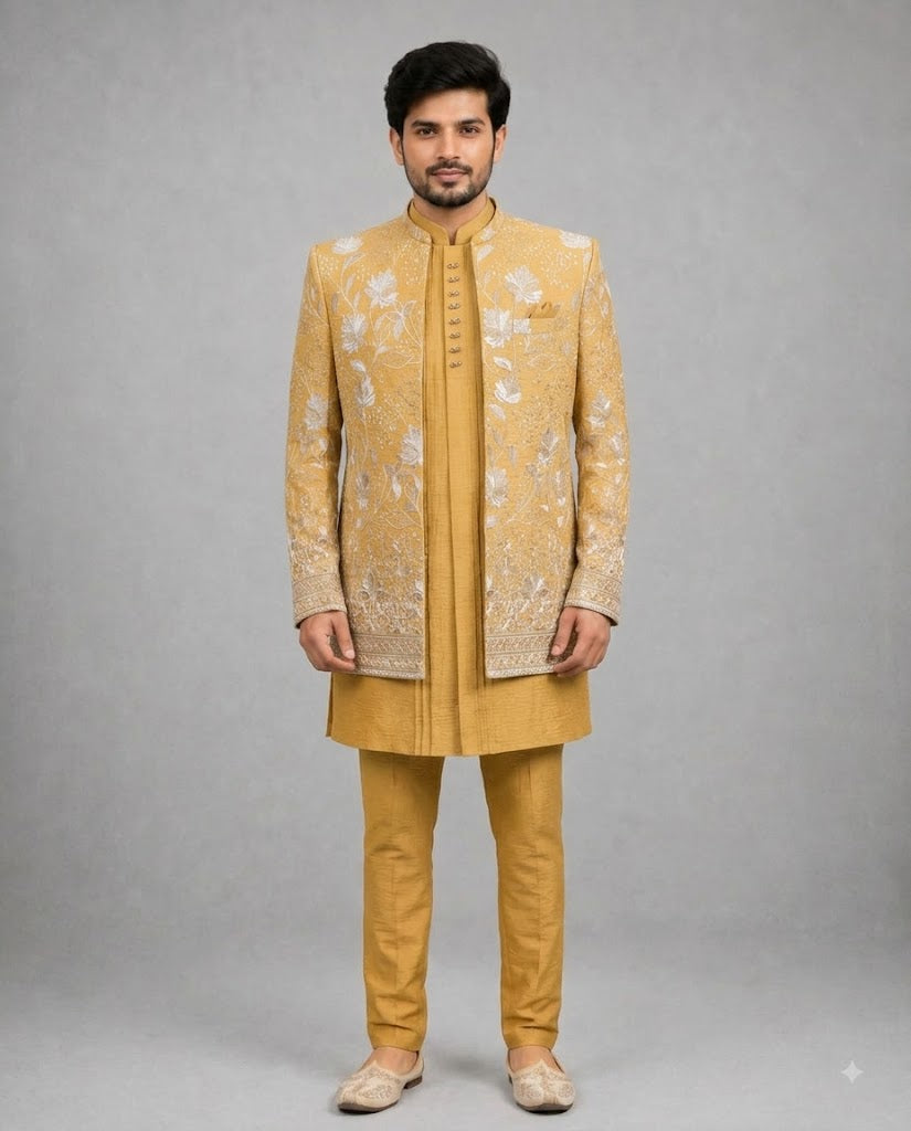 Rajwada Men's Wear Premium Mustard Gold 3-Piece Indo-Western Suit