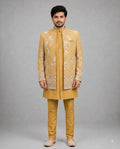 Rajwada Men's Wear Premium Mustard Gold 3-Piece Indo-Western Suit