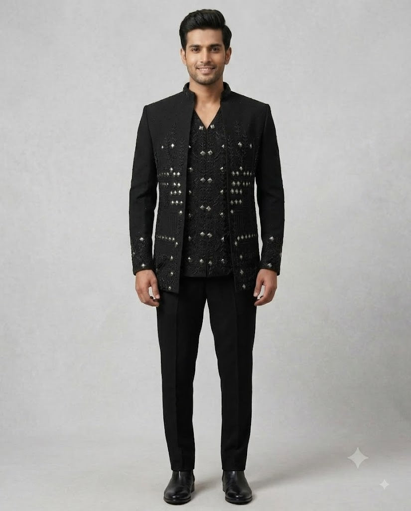 Rajwada Men's Wear Premium Black Embroidered 3-Piece Jodhpuri Suit