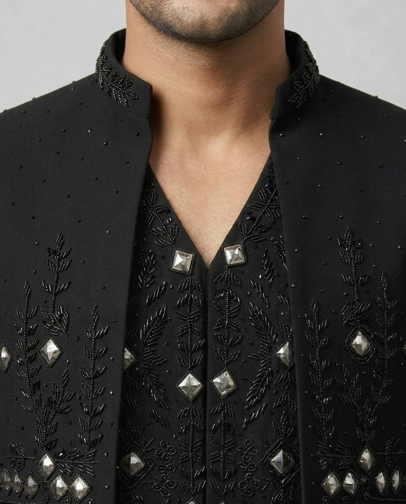 Rajwada Men's Wear Premium Black Embroidered 3-Piece Jodhpuri Suit