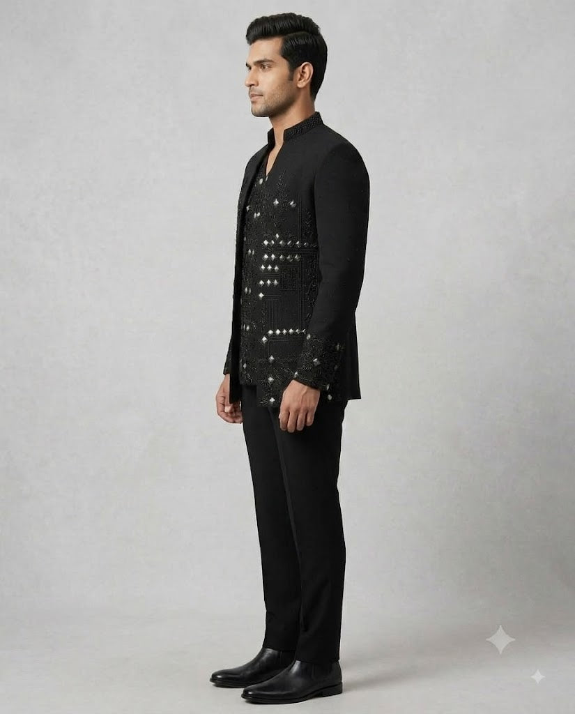 Rajwada Men's Wear Premium Black Embroidered 3-Piece Jodhpuri Suit