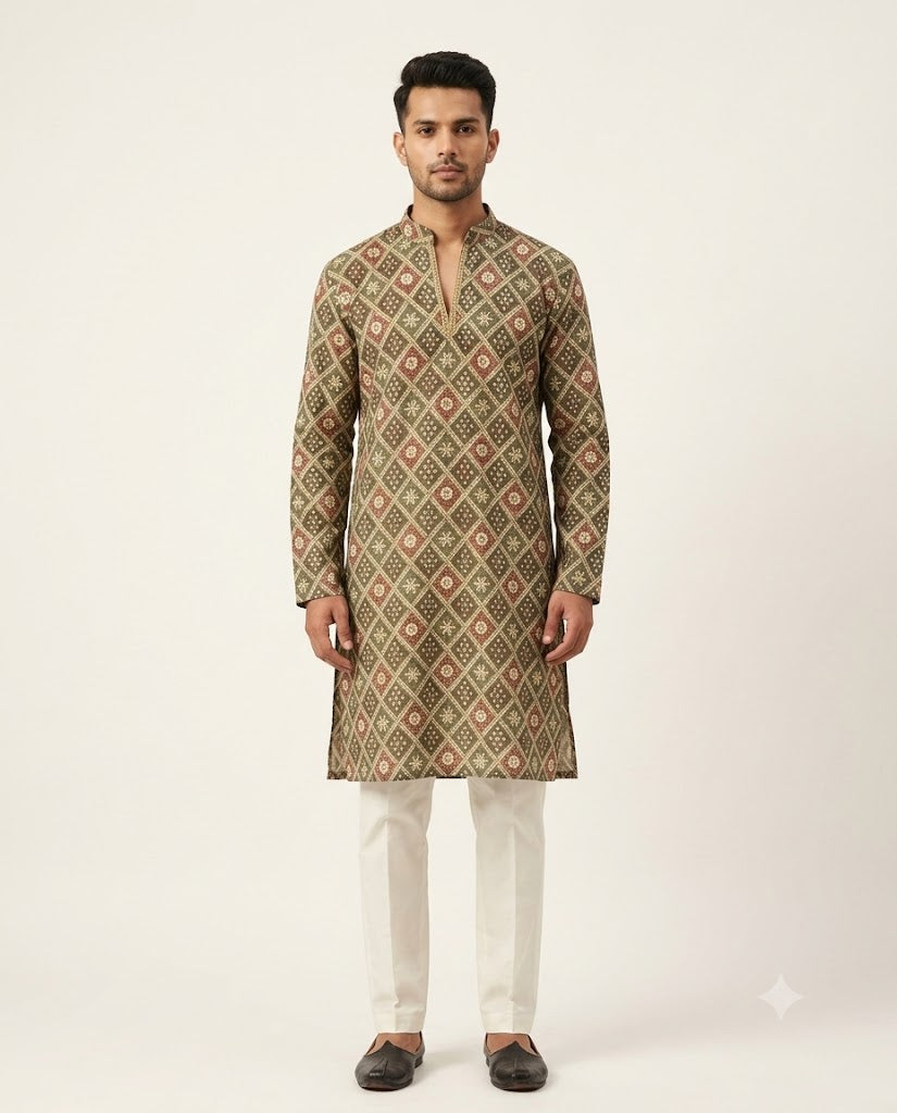 Rajwada Men’s Wear Premium Olive Green Lakhnavi Print Short Kurta