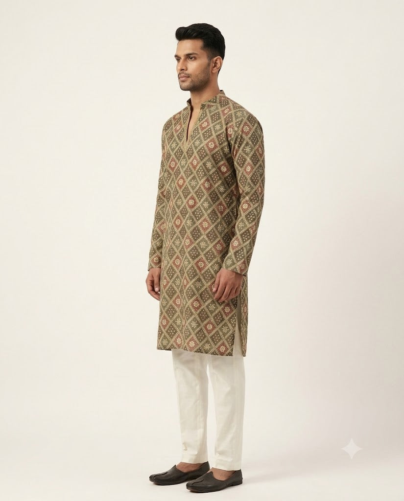 Rajwada Men’s Wear Premium Olive Green Lakhnavi Print Short Kurta