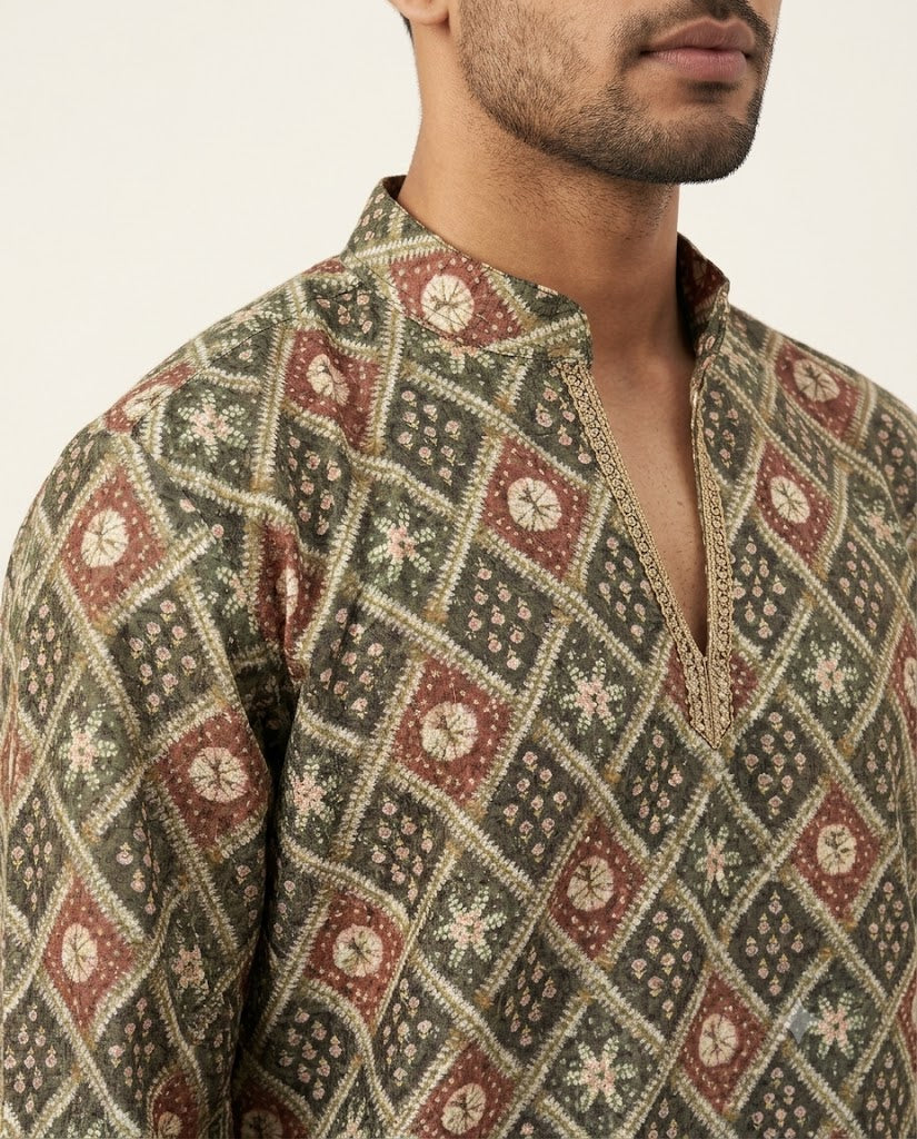Rajwada Men’s Wear Premium Olive Green Lakhnavi Print Short Kurta