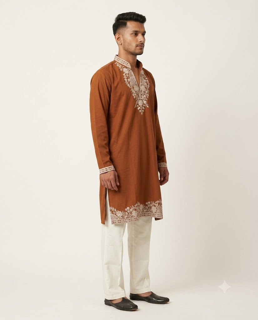 Rajwada Men’s Wear Premium Rust Brown Japanese V-Neck Embroidered Kurta