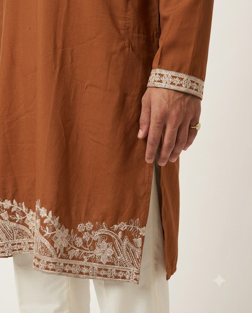 Rajwada Men’s Wear Premium Rust Brown Japanese V-Neck Embroidered Kurta