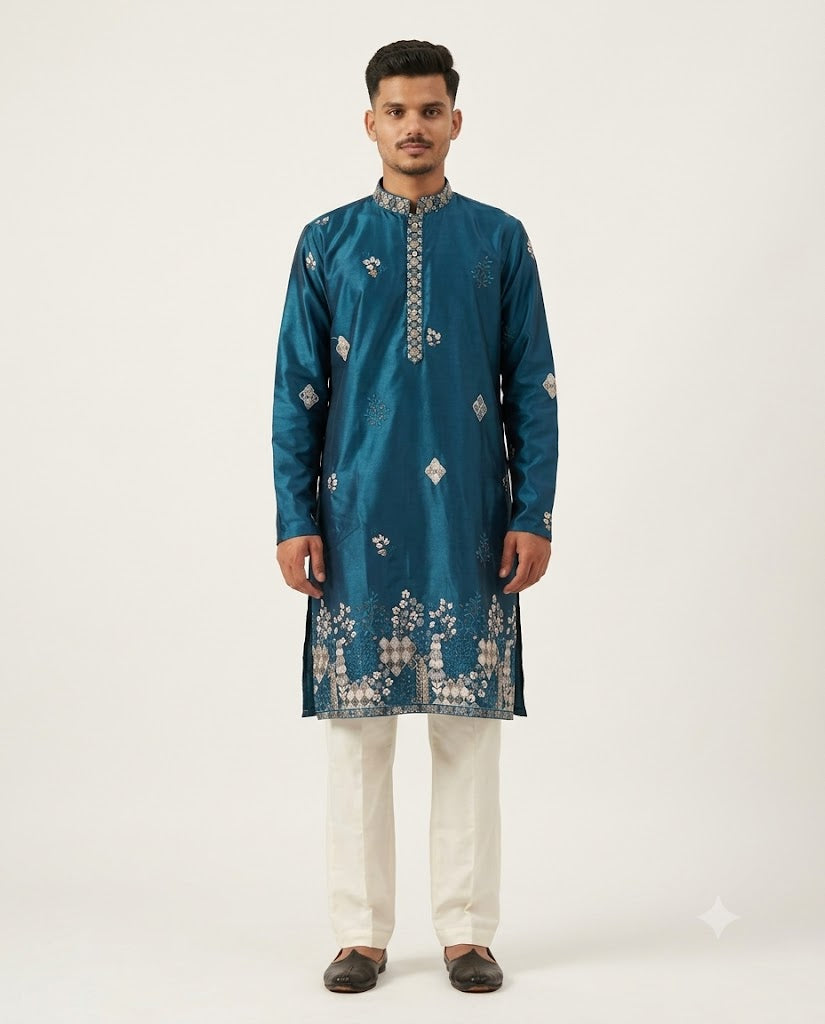 Rajwada Men’s Wear Premium Teal Blue Embroidered Silk Kurta
