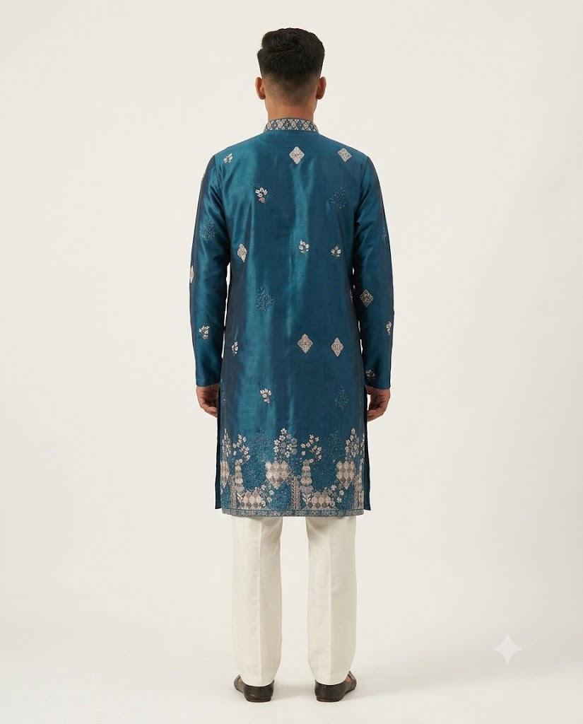 Rajwada Men’s Wear Premium Teal Blue Embroidered Silk Kurta