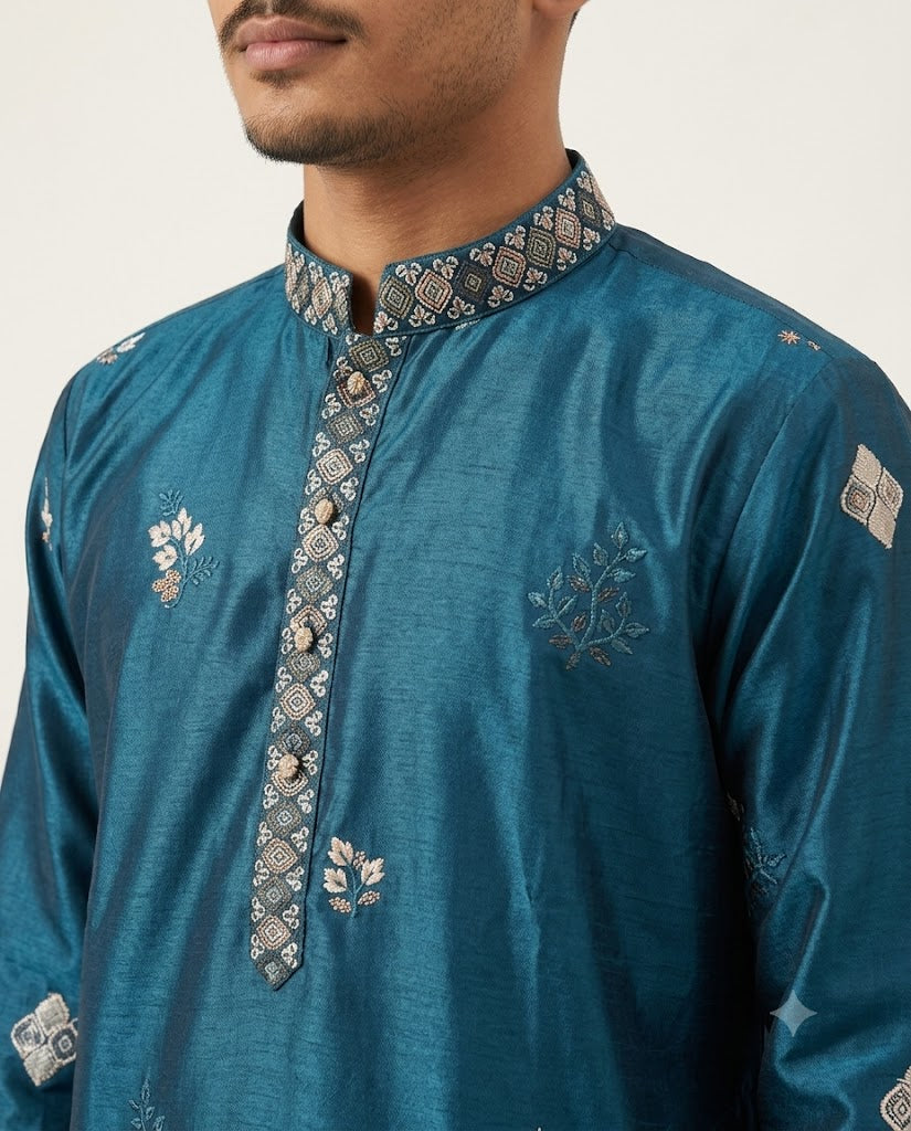 Rajwada Men’s Wear Premium Teal Blue Embroidered Silk Kurta
