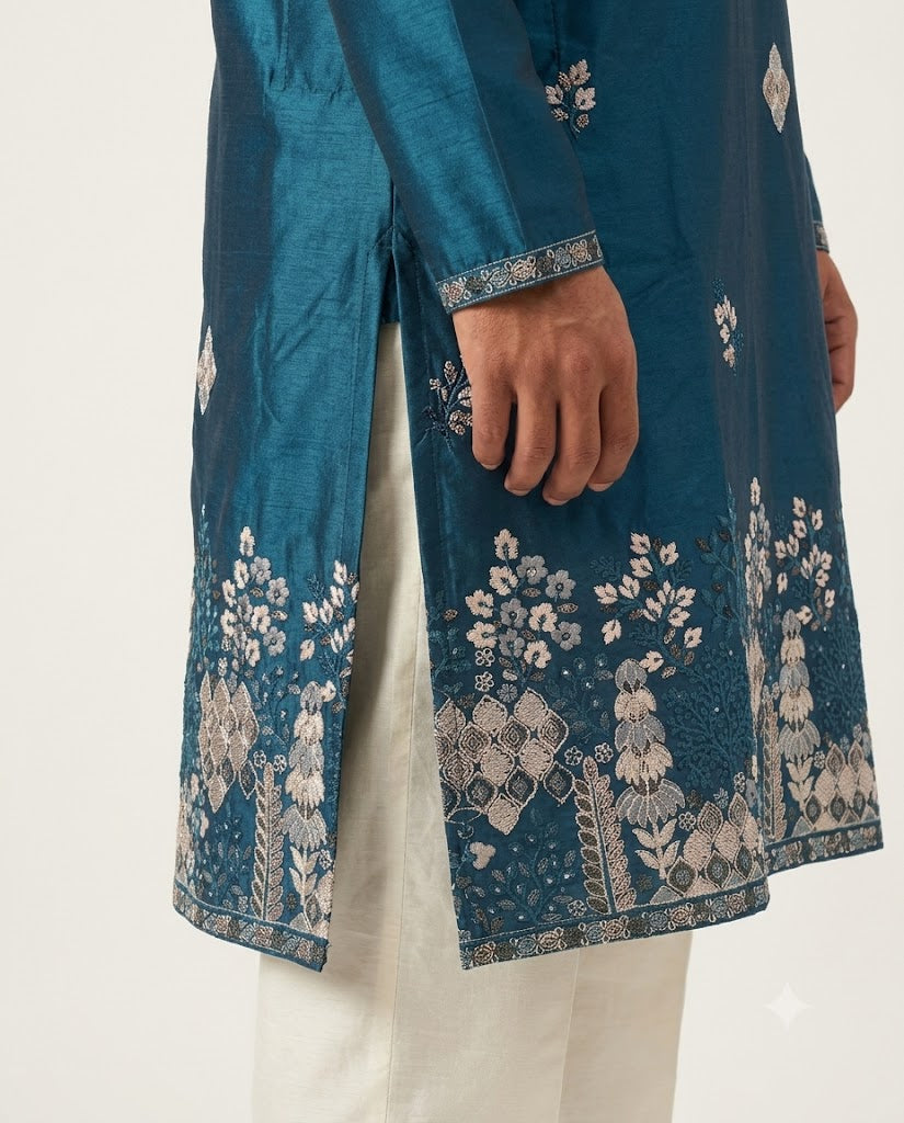 Rajwada Men’s Wear Premium Teal Blue Embroidered Silk Kurta