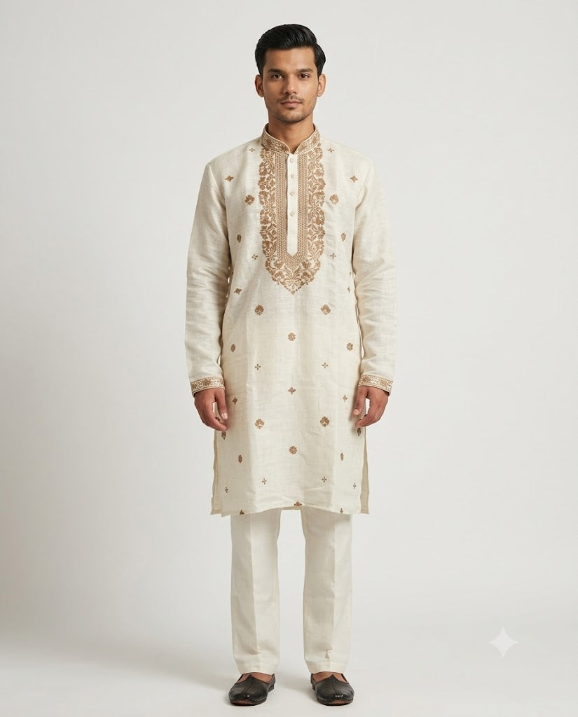 Rajwada Men’s Wear Premium Ivory White Khadi Embroidered Kurta