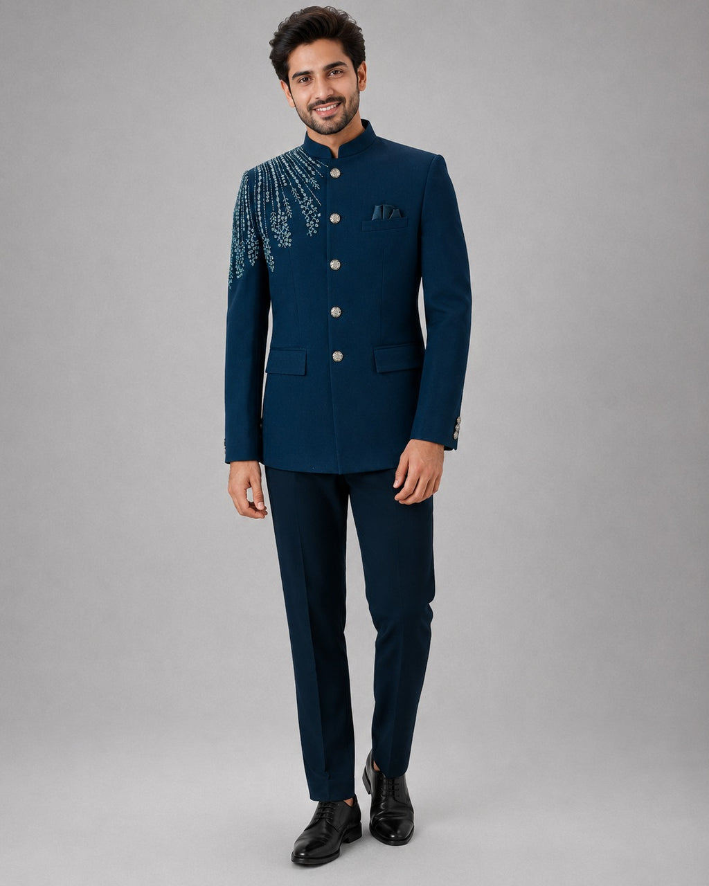 Rajwada Men’s Wear Premium Navy Blue Embroidered 2-Piece Jodhpuri Suit