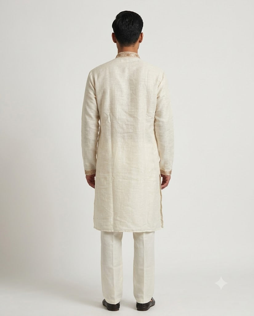 Rajwada Men’s Wear Premium Ivory White Khadi Embroidered Kurta