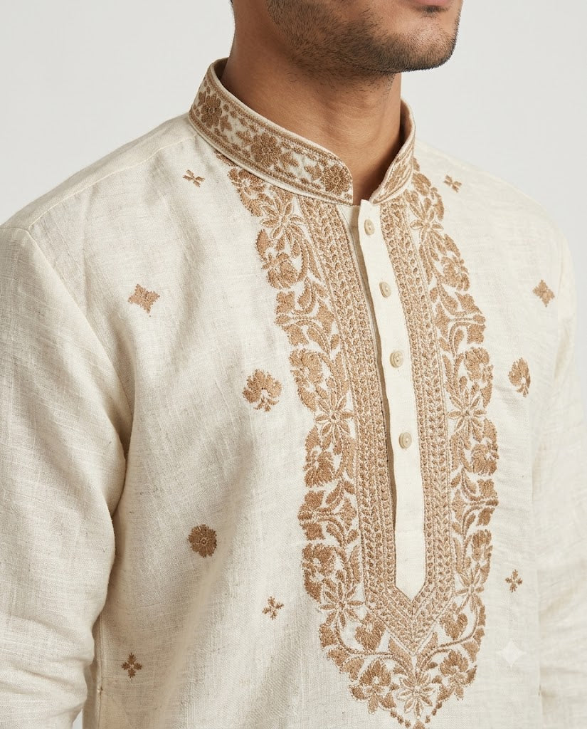 Rajwada Men’s Wear Premium Ivory White Khadi Embroidered Kurta