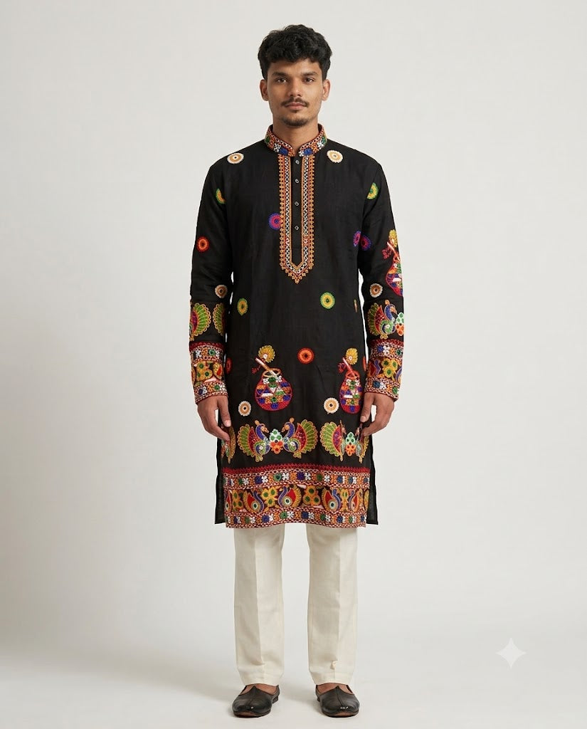 Rajwada Men’s Wear Premium Black Cotton Embroidered Navratri Kurta
