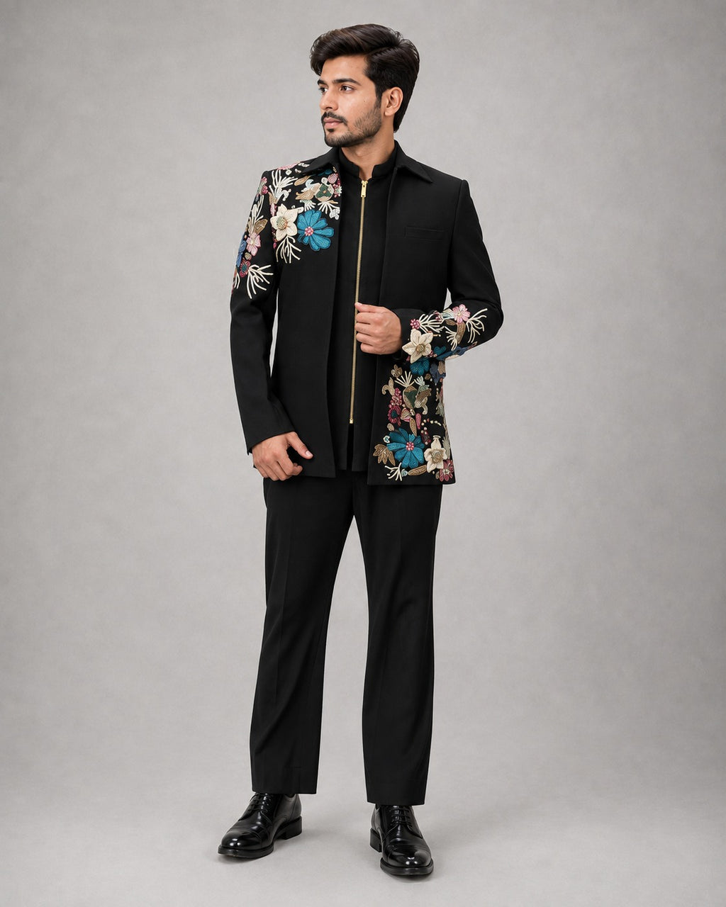 Rajwada Men’s Wear Premium Black 3-Piece Zipper Jodhpuri Suit