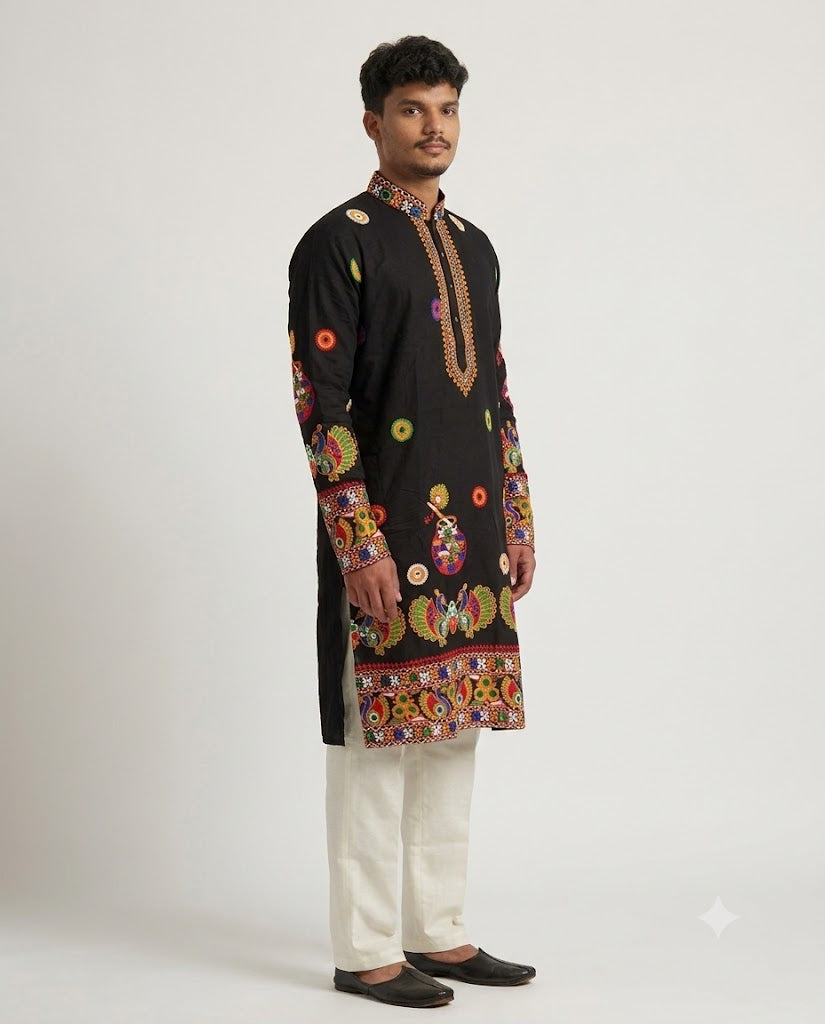 Rajwada Men’s Wear Premium Black Cotton Embroidered Navratri Kurta