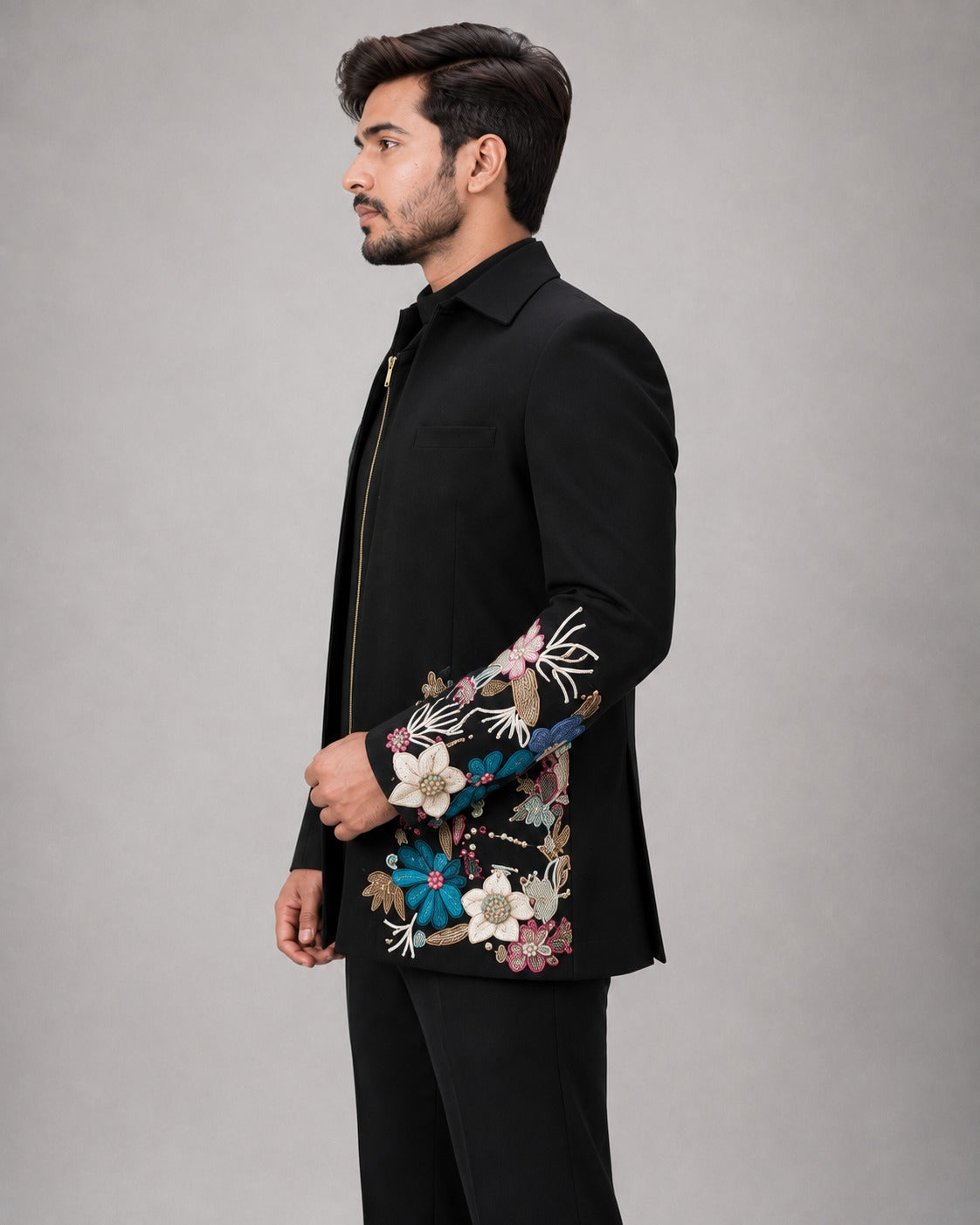 Rajwada Men’s Wear Premium Black 3-Piece Zipper Jodhpuri Suit