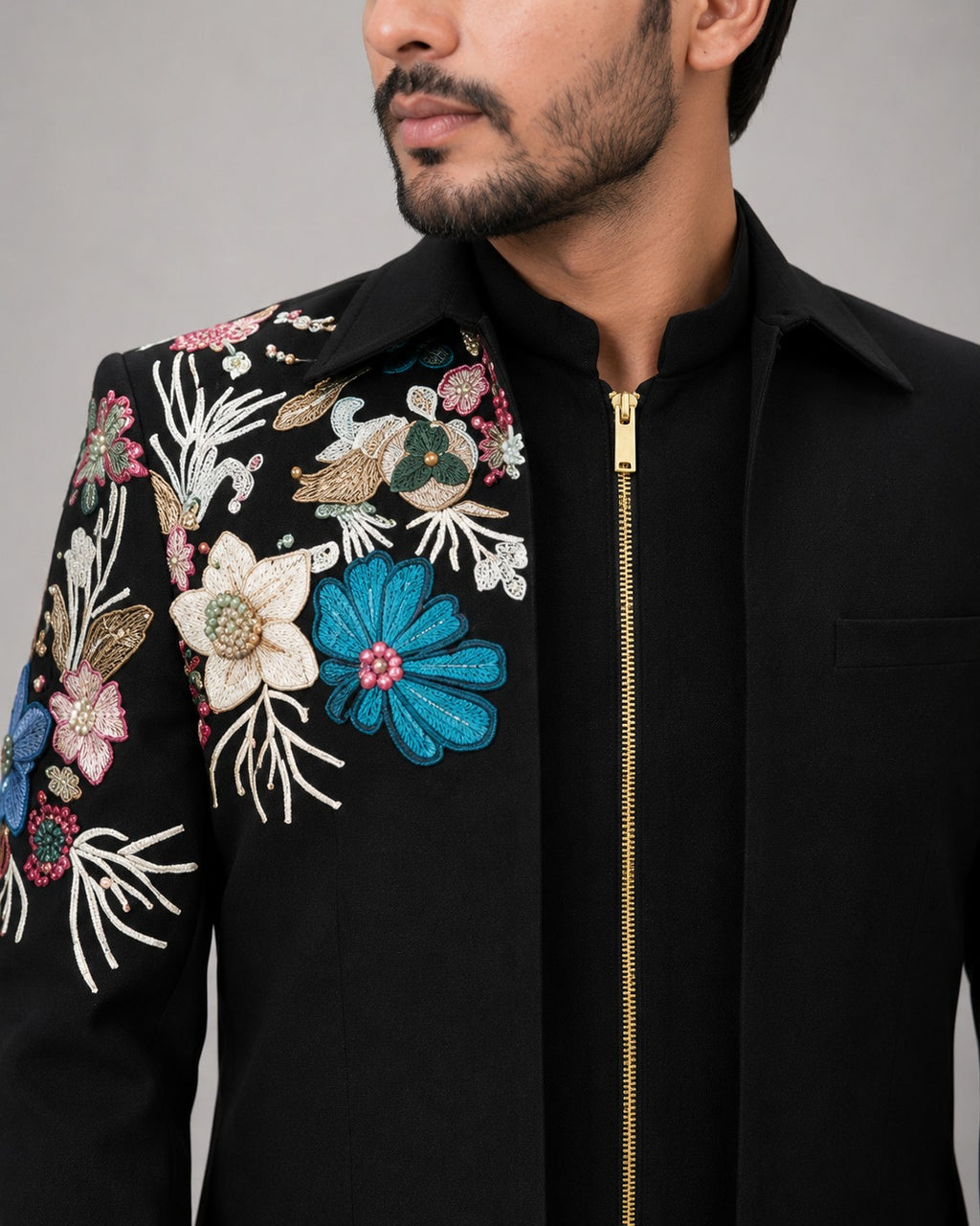 Rajwada Men’s Wear Premium Black 3-Piece Zipper Jodhpuri Suit