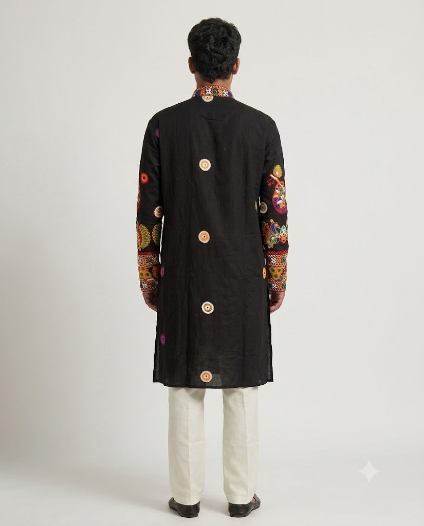 Rajwada Men’s Wear Premium Black Cotton Embroidered Navratri Kurta