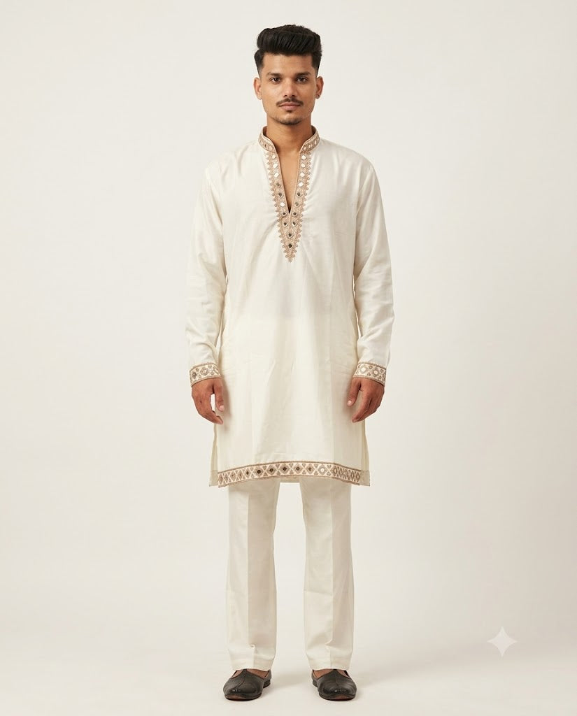 Rajwada Men’s Wear Premium Ivory White Embroidered Japanese V-Neck Kurta