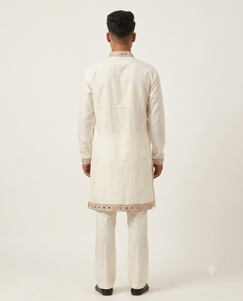 Rajwada Men’s Wear Premium Ivory White Embroidered Japanese V-Neck Kurta
