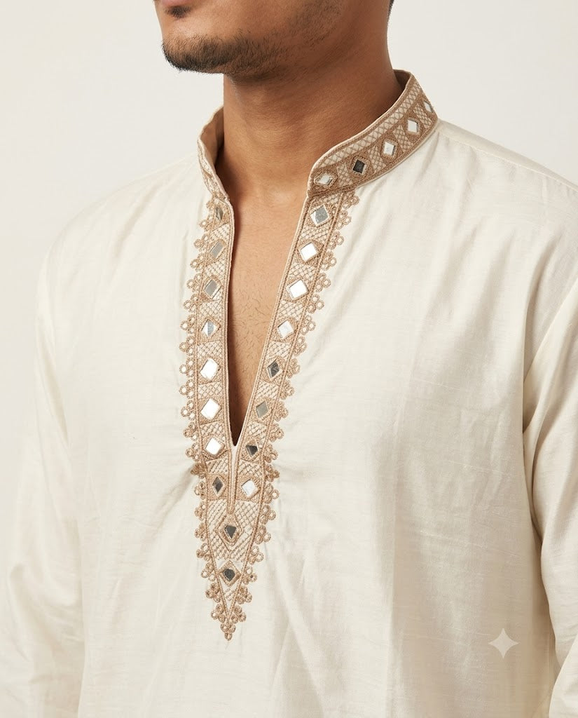 Rajwada Men’s Wear Premium Ivory White Embroidered Japanese V-Neck Kurta