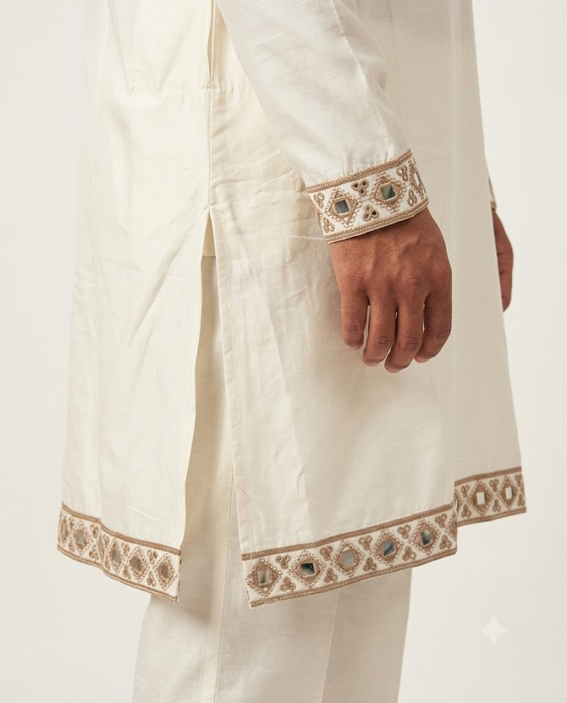 Rajwada Men’s Wear Premium Ivory White Embroidered Japanese V-Neck Kurta