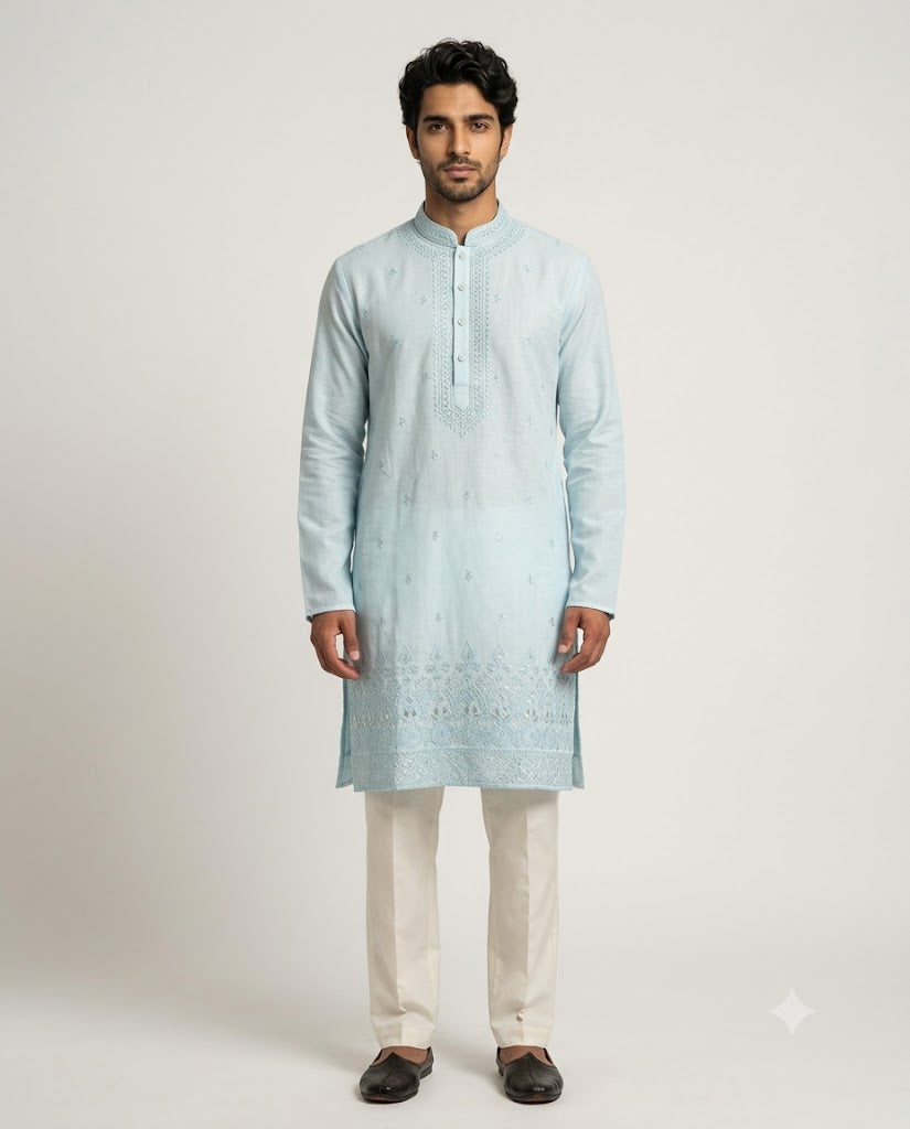 Rajwada Men’s Wear Premium Ice Blue Embroidered Silk Short Kurta