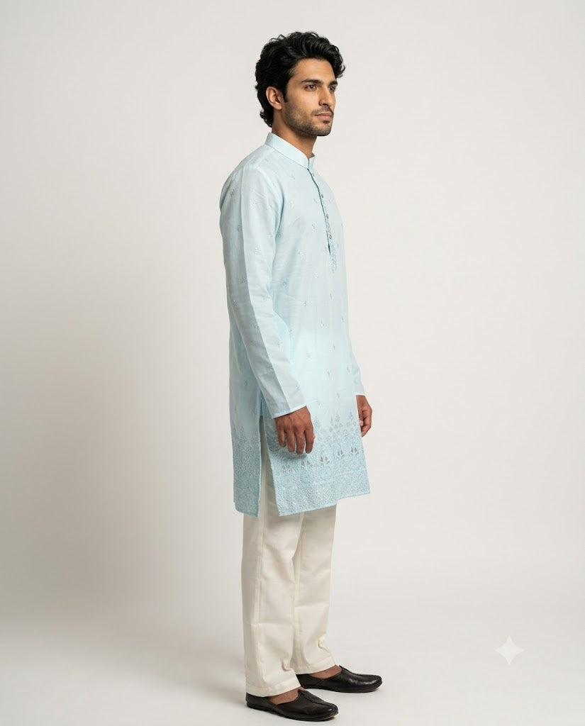 Rajwada Men’s Wear Premium Ice Blue Embroidered Silk Short Kurta